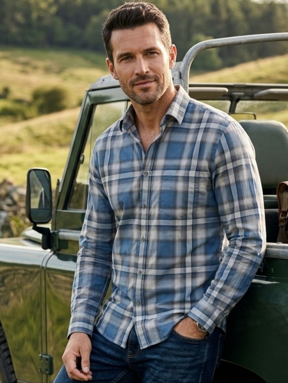 AIX Armani Exchange Mens Button Up Blue Gray Shadow Plaid Size Small